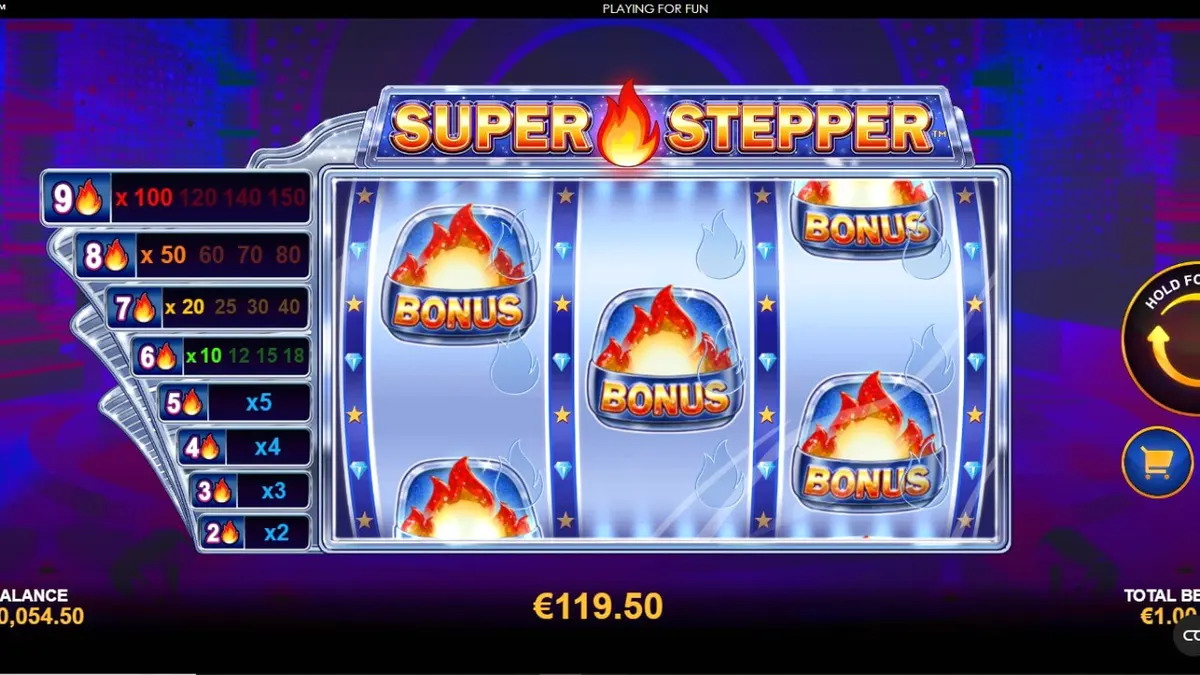 Tampilan visual neon futuristik pada slot Super Stepper
